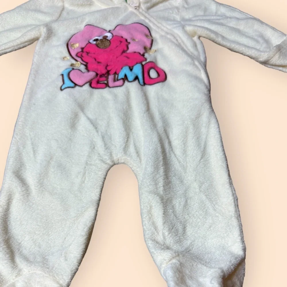Baby Sesame Street I Love Elmo Cream Fleece Footie One Piece W/Hood Sz 3-6 Mon - Picture 5 of 9